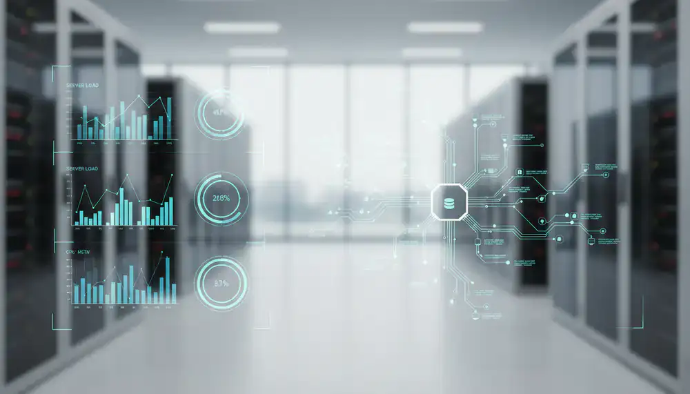 Technical dashboard showing server load and architectural diagrams