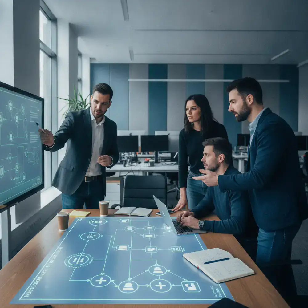 Developers collaborating on custom software architecture